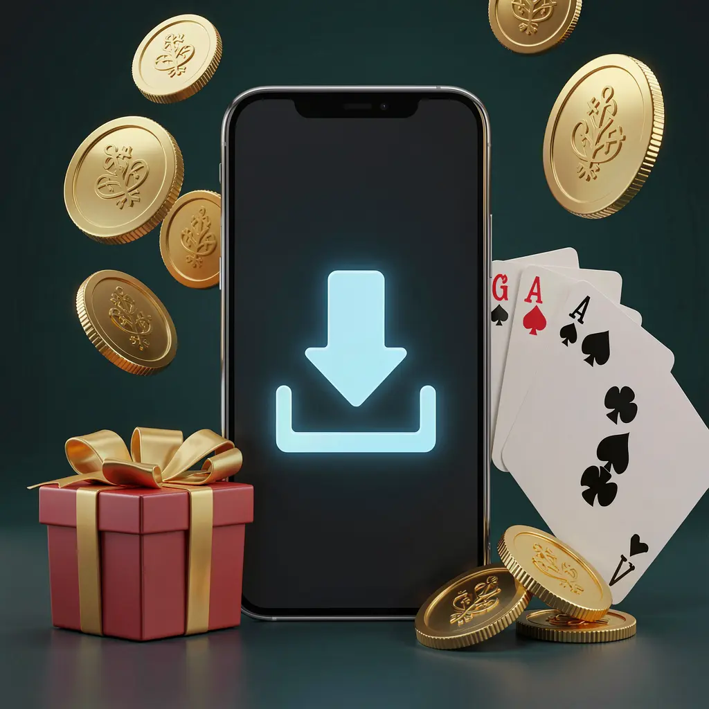 899OK casino app download concept showing a smartphone with a download icon surrounded by golden coins, a gift box, and playing cards in a modern mobile gaming atmosphere 899OK casino app download concept showing a smartphone with a download icon surrounded by golden coins, a gift box, and playing cards in a modern mobile gaming atmosphere
