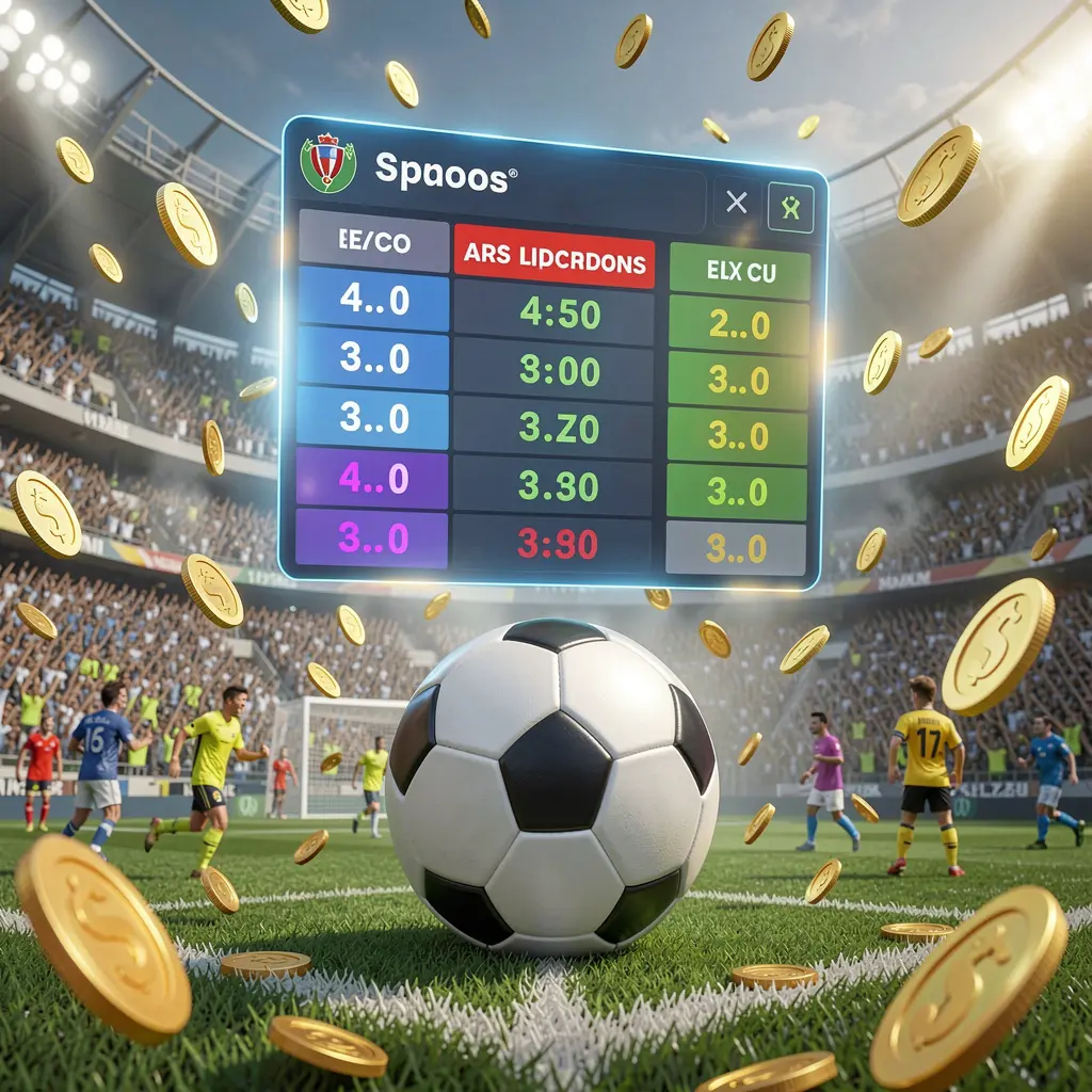 899OK sports betting page showing a packed football stadium with a soccer ball in the foreground, floating digital odds interface, and golden coins flying in a realistic 3D illustration