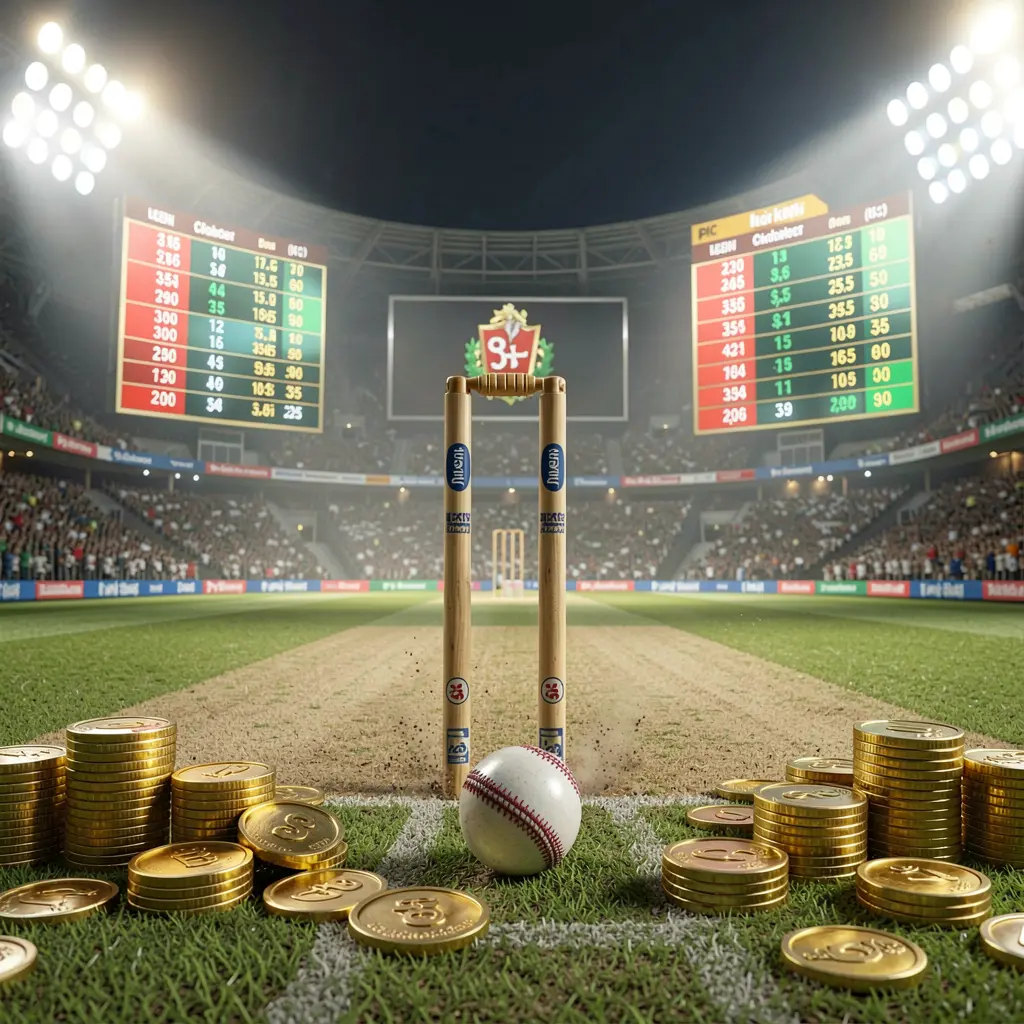 899OK live cricket betting concept showing a cricket pitch under bright stadium lights with wickets, ball, golden coins, and glowing odds panels in a cinematic realistic render