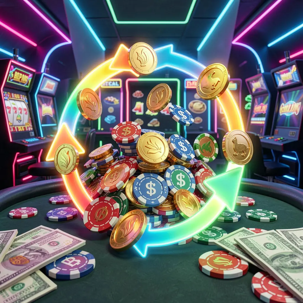 899OK reload bonus casino visual featuring glowing circular arrows around coins, chips, and cash with a modern neon casino background in high detail 3D render