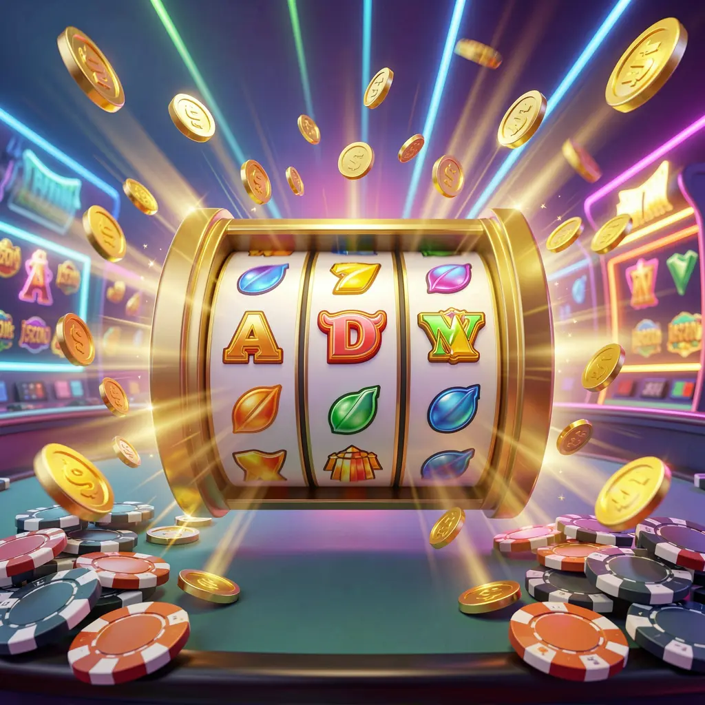 899OK online casino free spins bonus concept featuring colorful slot machine reels spinning with golden light effects, flying coins, jackpot symbols, and casino chips on a vibrant neon background in a dynamic 3D render