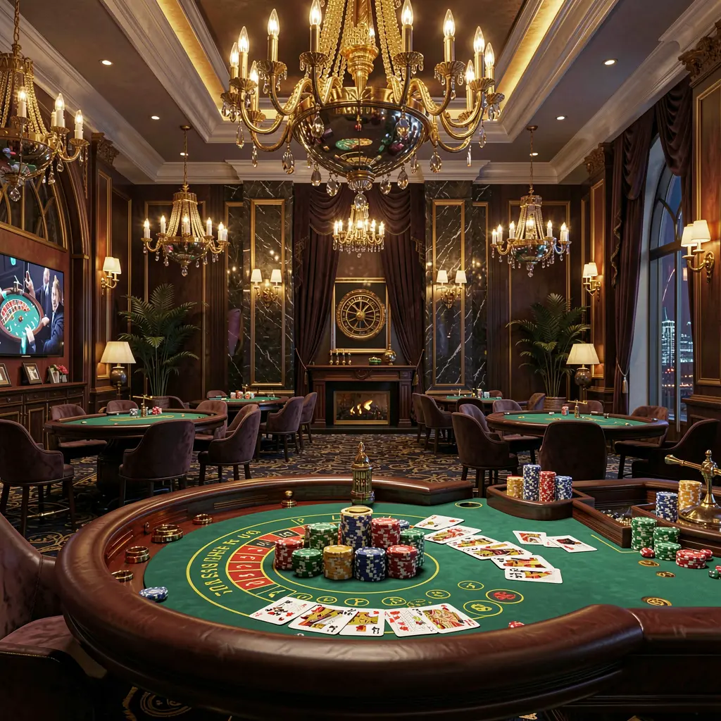 899OK high-end casino lobby featuring golden lights, roulette tables with chips and cards, elegant premium design against a dark cinematic background in an ultra detailed 3D render