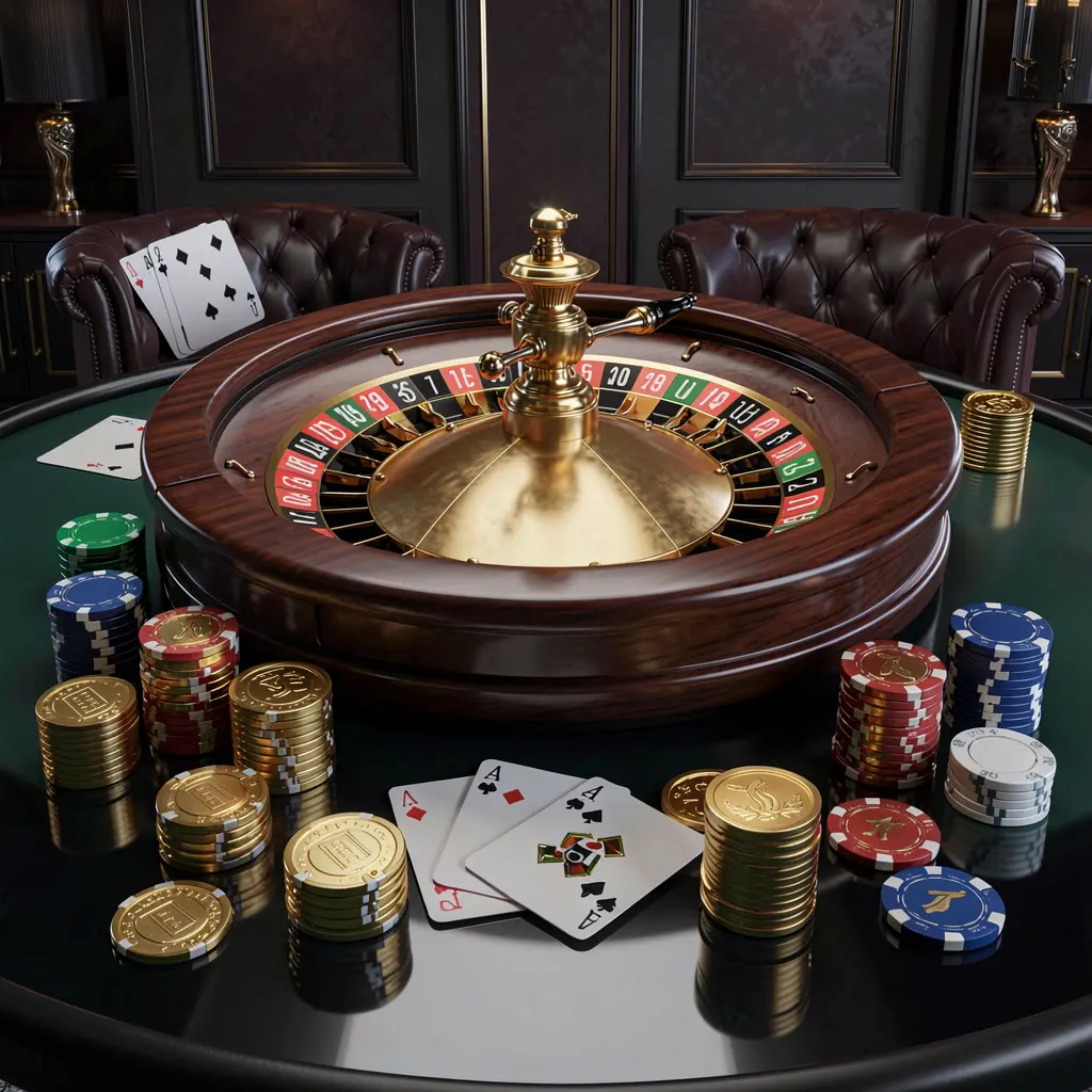 899OK modern online casino scene featuring a roulette wheel, playing cards, poker chips, and golden coins on a glossy table with a dark luxury background in a realistic 3D illustration