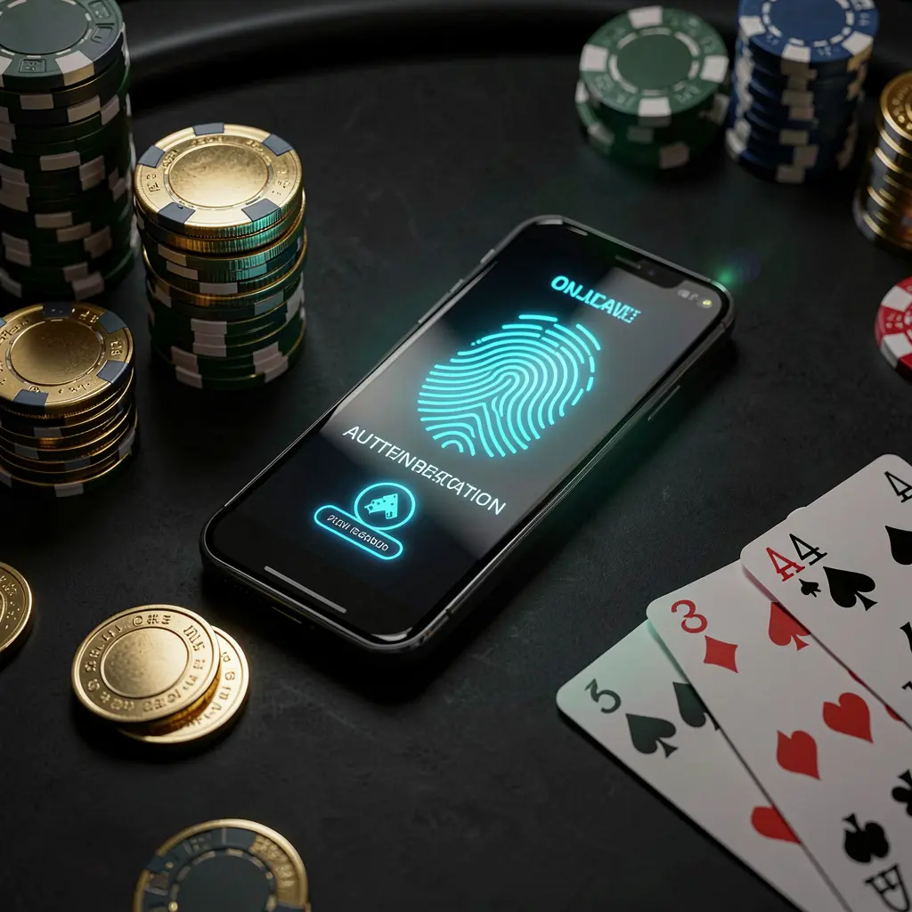 899OK online casino authentication concept showing a phone with fingerprint scan glow on a premium black table surrounded by poker chips, golden coins, and playing cards in a cinematic 3D render