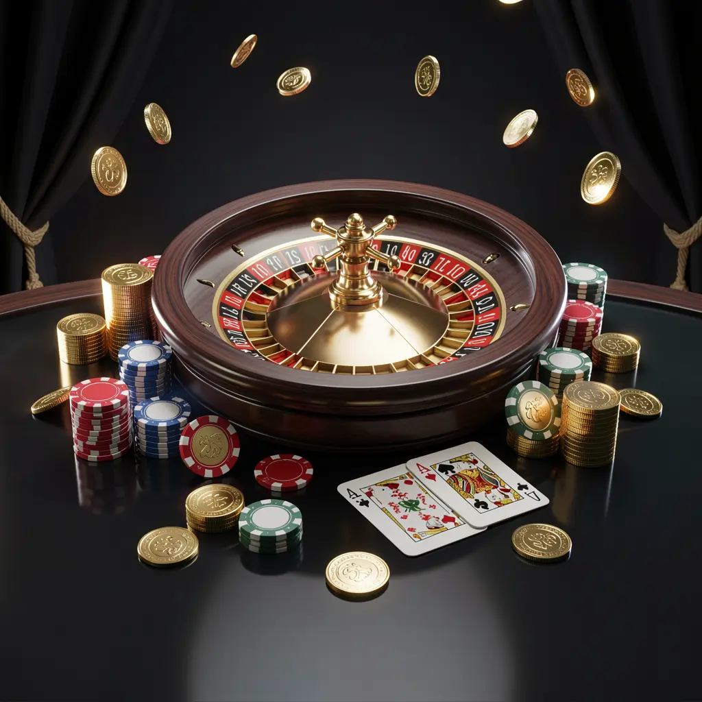 899OK premium online casino banner featuring golden coins, glowing chips, a roulette wheel, and playing cards on a glossy table with an elegant dark background in a high detail realistic 3D render